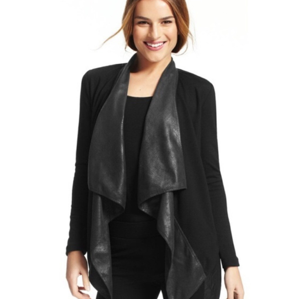 Cabi Owens Jacket Faux Leather Open Drape Front Black Women's M